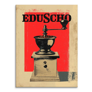 Vintage mid-century style canvas art featuring a black coffee grinder with brown beans on a bold red panel