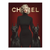 Portrait of a glamorous woman with platinum blonde hair and red lips, wearing a black turtleneck, flanked by two black Doberman dogs against a crimson backdrop and a gold Chanel logo