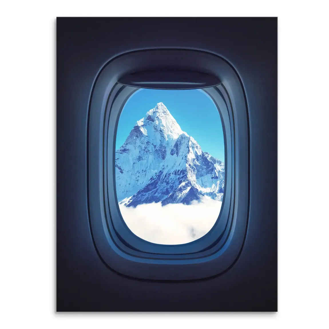 Photorealistic Mount Everest seen through an airplane window with blue sky