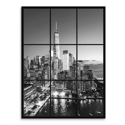 Black and white panoramic view of New York City skyline at night featuring One World Trade Center and illuminated skyscrapers reflected in dark water, presented as a multi-panel canvas print.