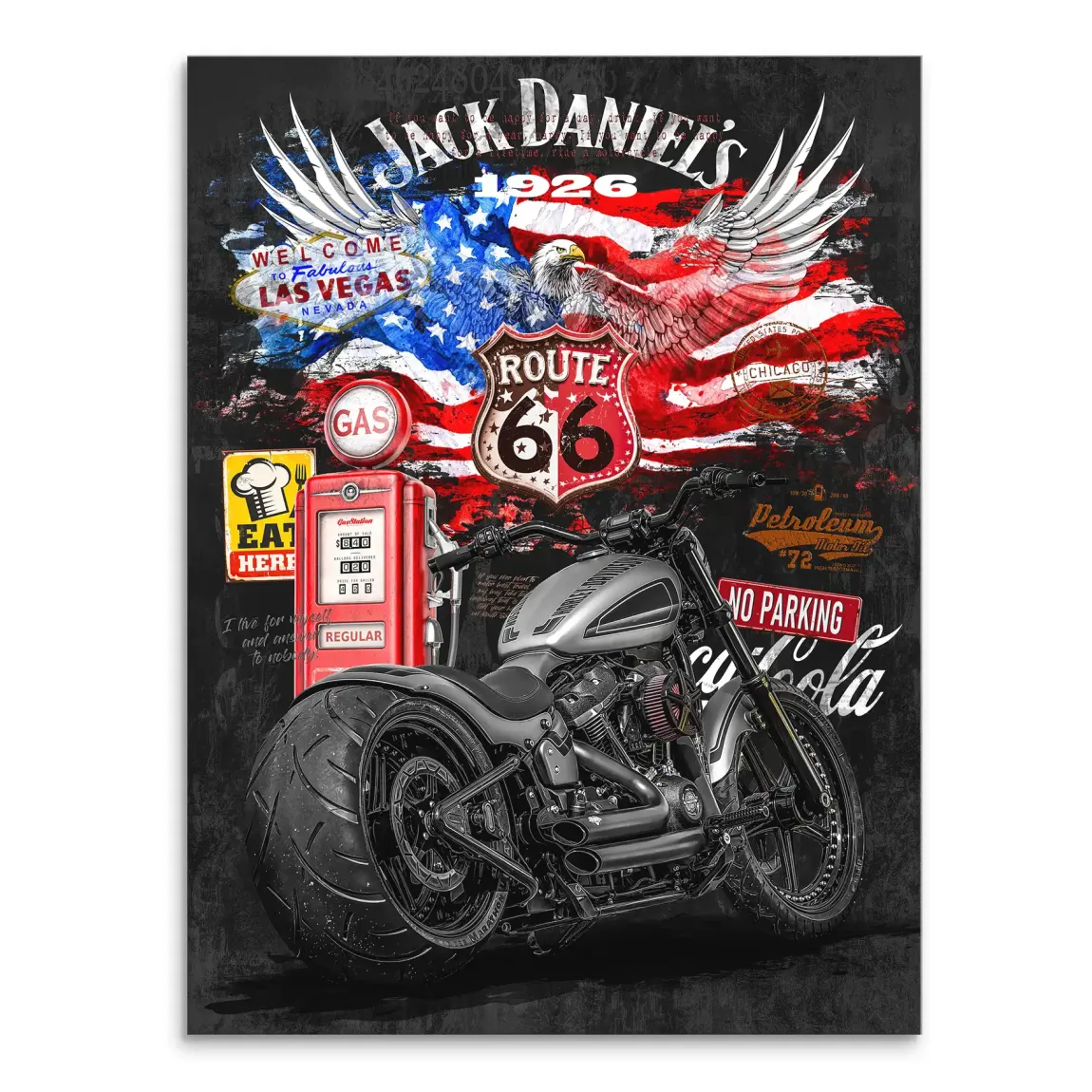 Harley-Davidson motorcycle centered in a bold pop art collage with Americana elements on a grunge black background.