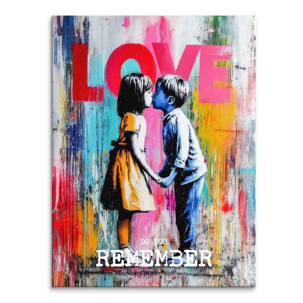 Canvas print of two children kissing with graffiti style background and bold LOVE lettering