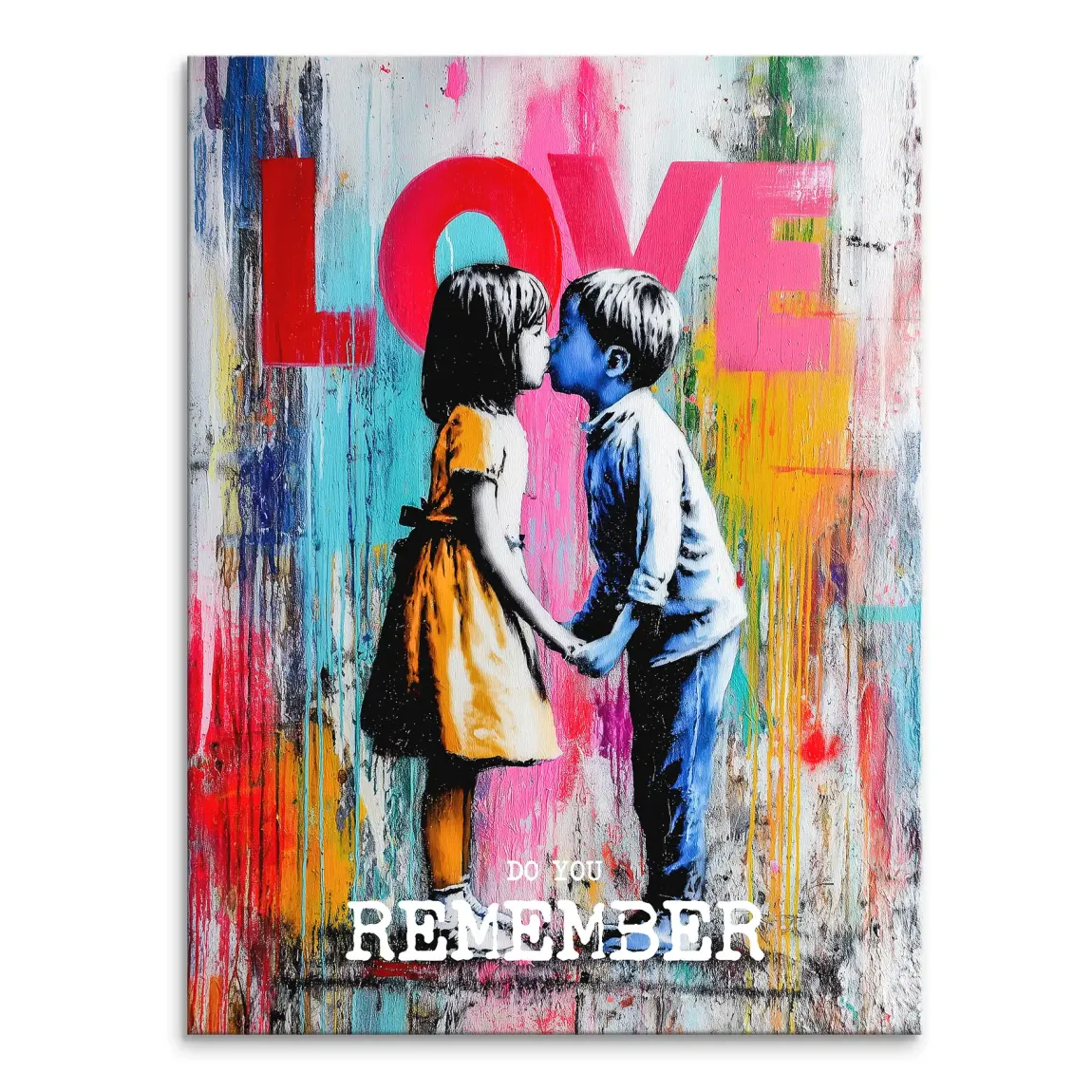 Canvas print of two children kissing with graffiti style background and bold LOVE lettering