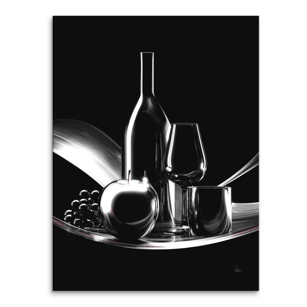 Portrait monochrome canvas wall art featuring a wine bottle, two glasses, an apple, and grapes on a curved platform against a black background.