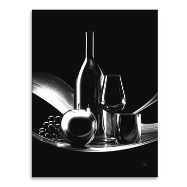 Portrait monochrome canvas wall art featuring a wine bottle, two glasses, an apple, and grapes on a curved platform against a black background.