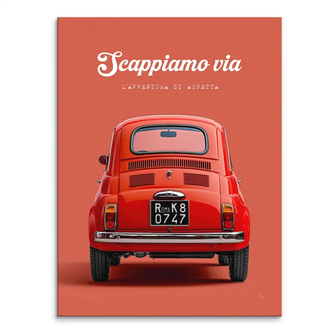 Rear view of a bright red Fiat 500 on a warm orange canvas background minimalist wall art