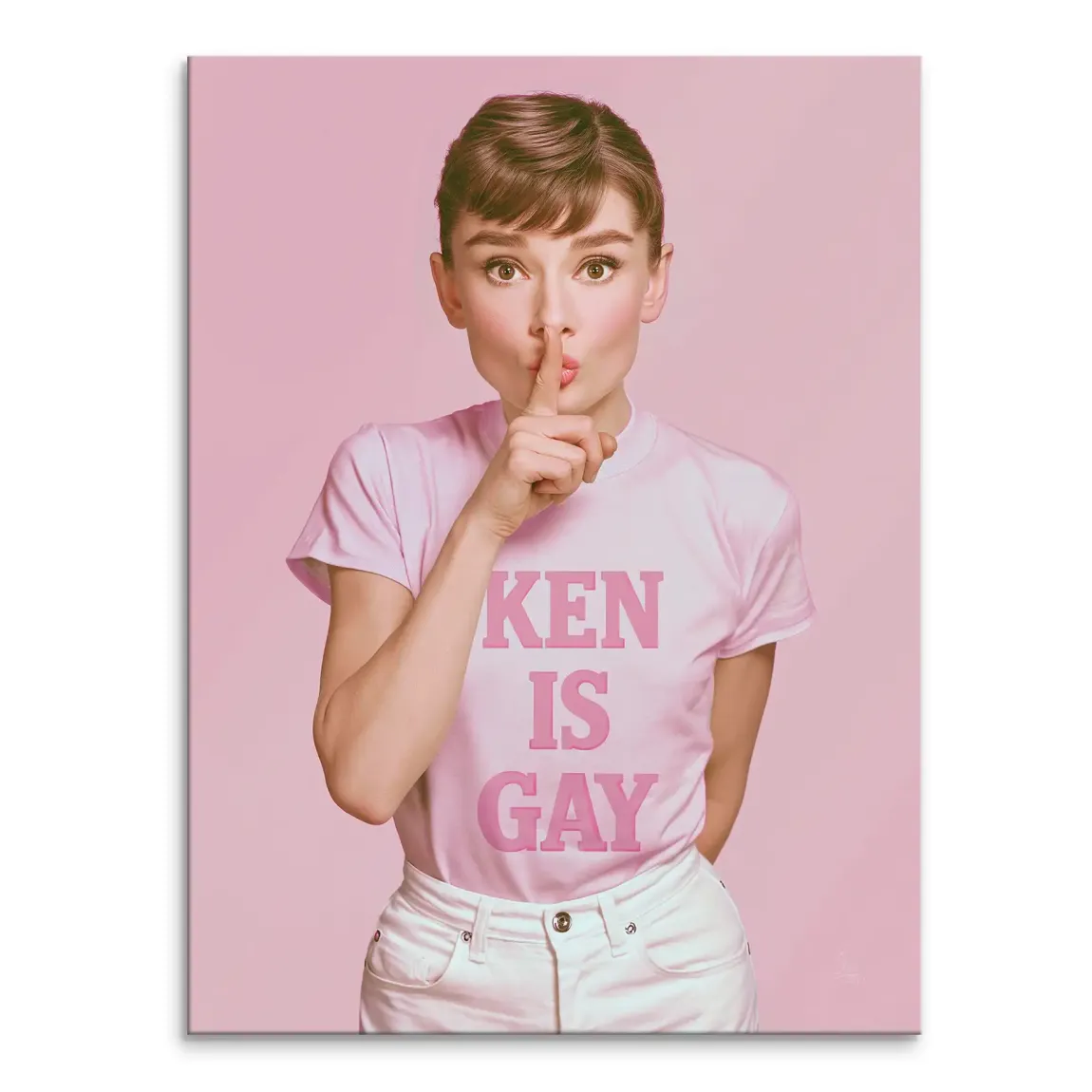 Audrey Hepburn pop art canvas portrait in pink with the text KEN IS GAY on a soft pink background