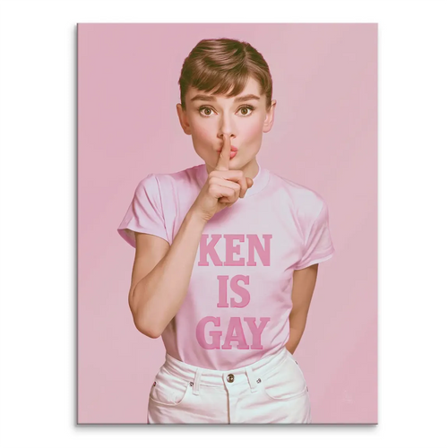 Audrey Hepburn pop art canvas portrait in pink with the text KEN IS GAY on a soft pink background