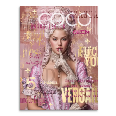 Marie Antoinette-inspired pop art canvas portrait with rococo wig and pink-gold color palette.