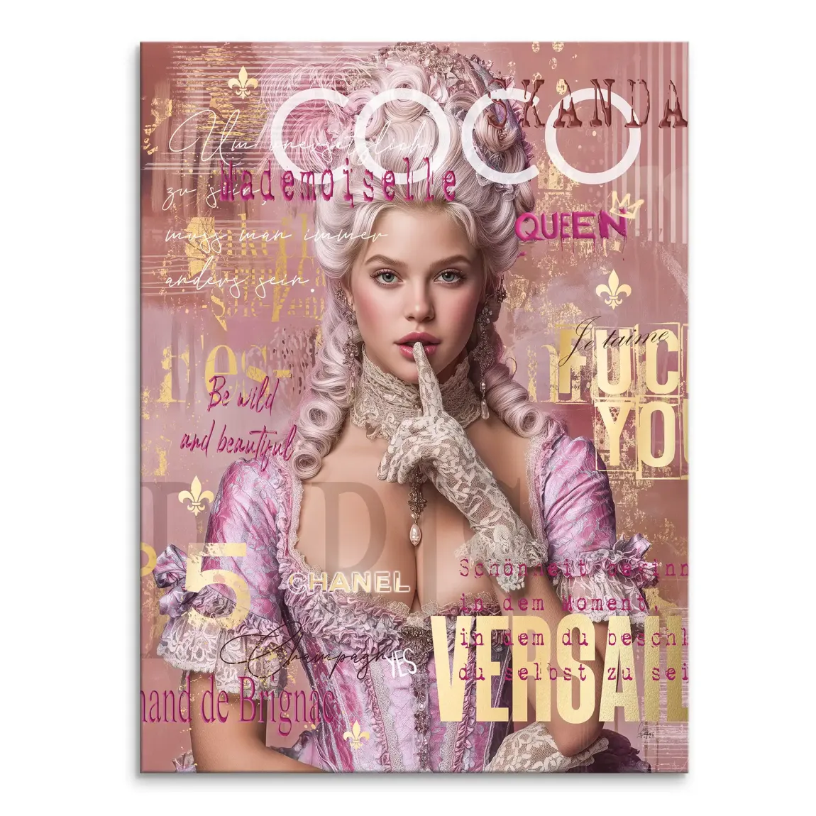 Marie Antoinette-inspired pop art canvas portrait with rococo wig and pink-gold color palette.