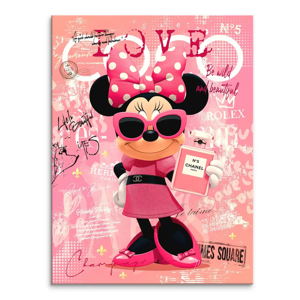 Portrait Minnie Mouse pop art canvas featuring Minnie with sunglasses, holding Chanel No. 5 perfume, set against a pink, black, and white textured Pop Graffiti background with luxury brand logos.