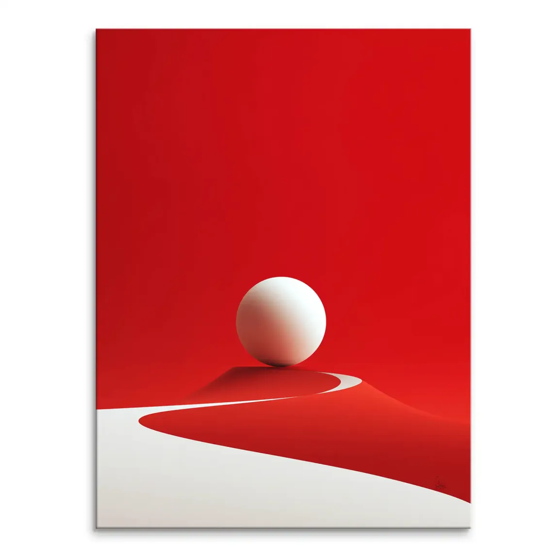 Red Sphere canvas wall art with a white sphere on a red landscape and a curved white path