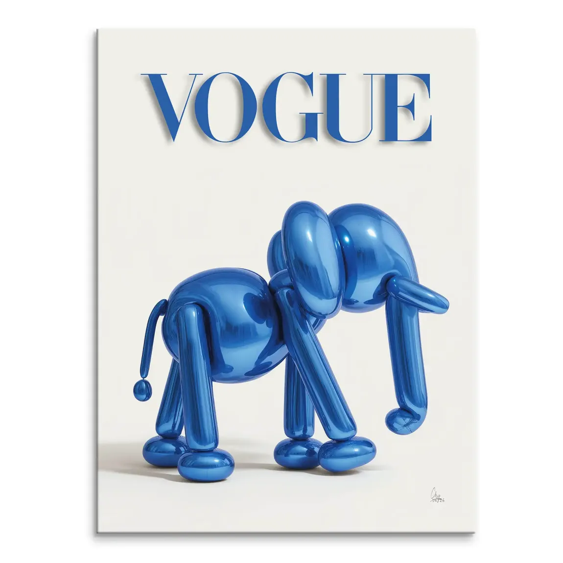 Royal blue balloon elephant canvas painting with Vogue logo on white background