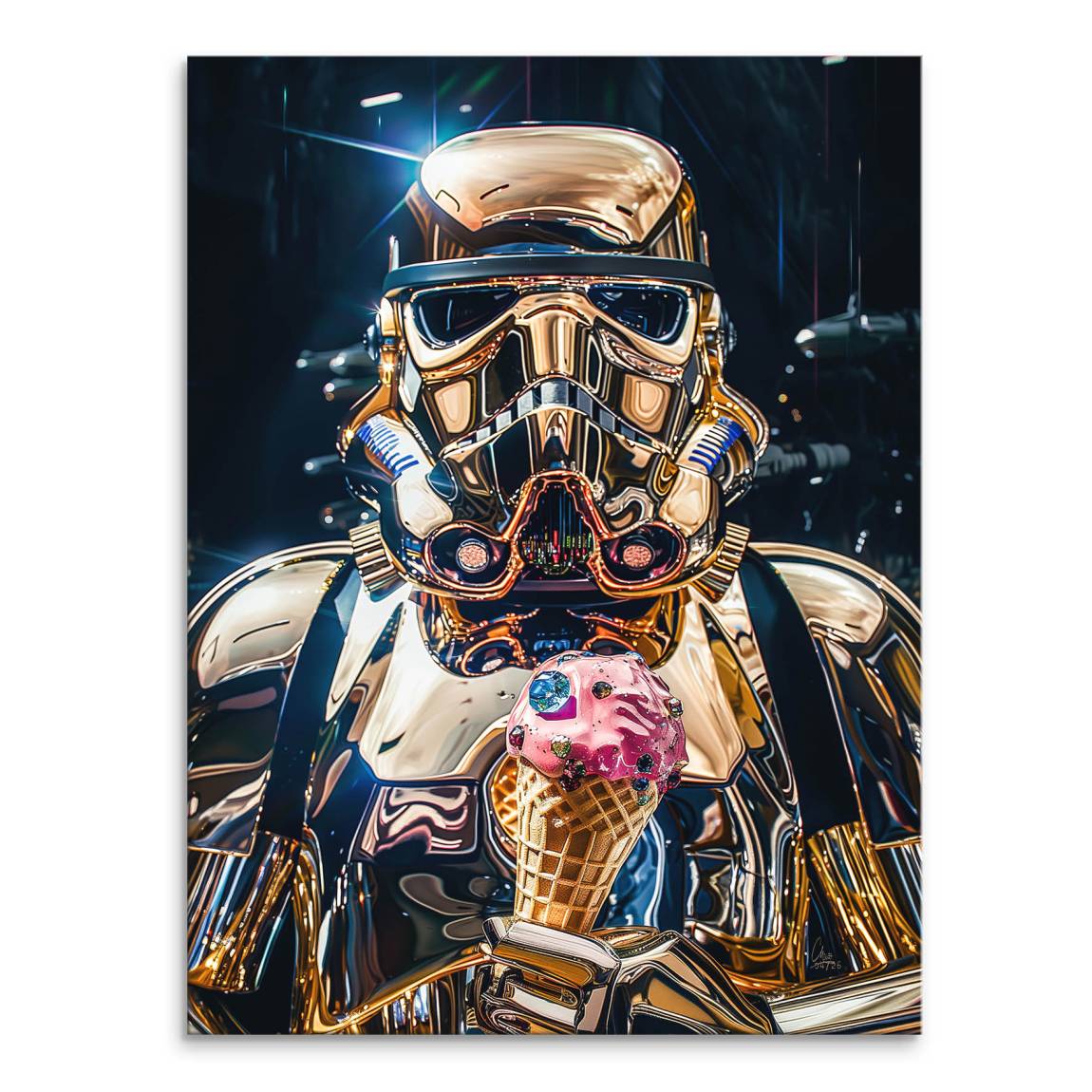 Close-up of a gold Stormtrooper canvas with a pink ice cream cone and sprinkles.