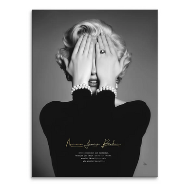Black-and-white portrait on canvas of Marilyn Monroe (Norma Jeane) with eyes covered by her hands, wearing a black turtleneck and pearl bracelets