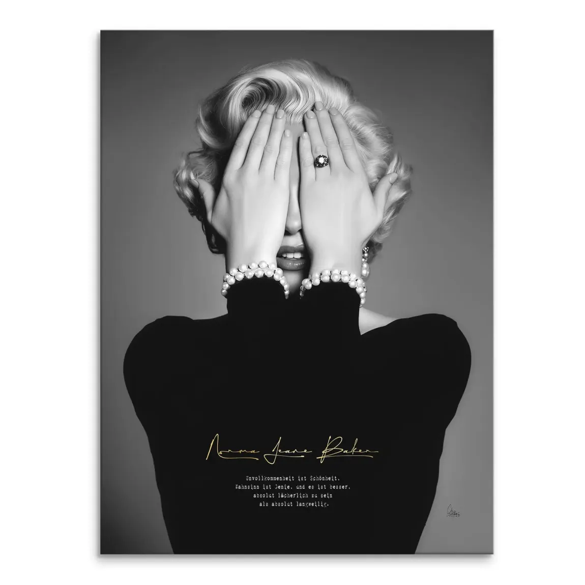 Black-and-white portrait on canvas of Marilyn Monroe (Norma Jeane) with eyes covered by her hands, wearing a black turtleneck and pearl bracelets