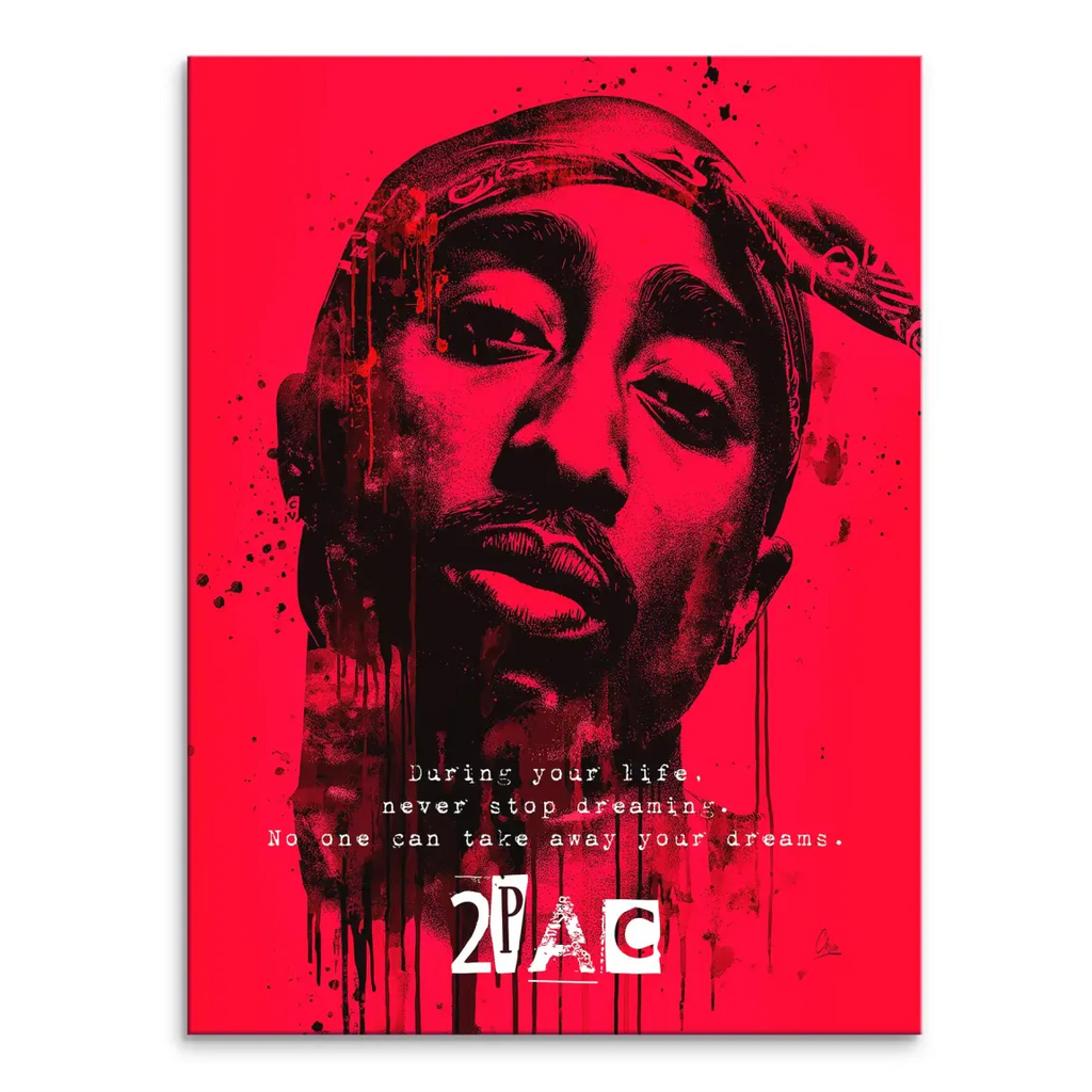 Close-up Tupac Shakur portrait in bold red pop art graffiti style