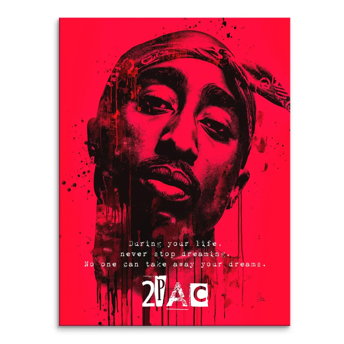 Close-up Tupac Shakur portrait in bold red pop art graffiti style