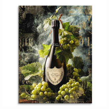 Champagne bottle with grapevines on a dark smoky background, gold accents on a canvas art
