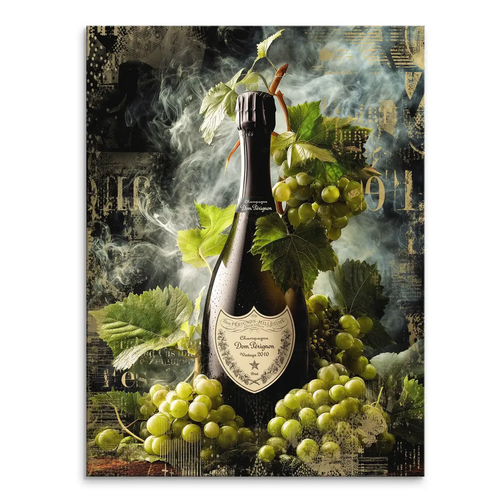 Champagne bottle with grapevines on a dark smoky background, gold accents on a canvas art