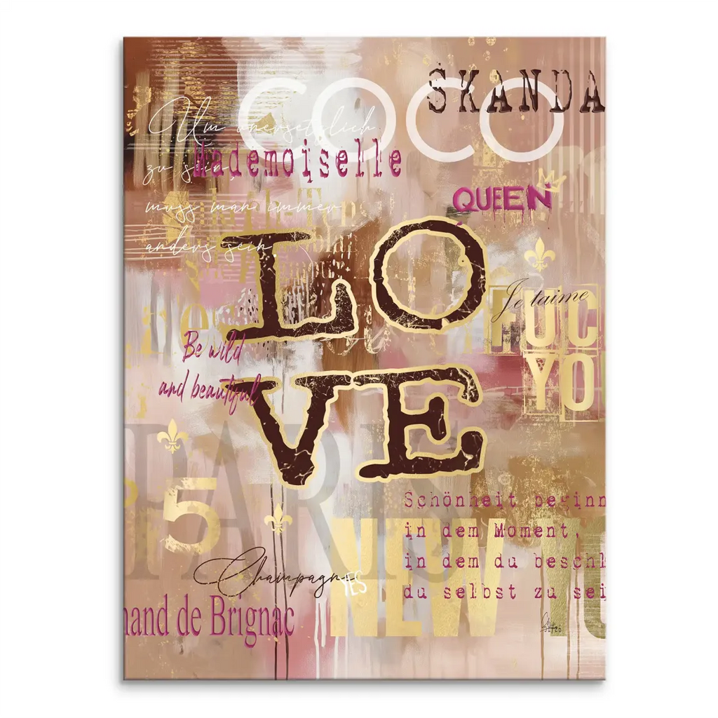 Coco Love canvas wall art featuring the LOVE typography in dark brown with gold accents and surrounding empowering phrases on a warm abstract background