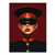 Close-up portrait of a woman in a stylized military uniform with red lipstick, dark visor, and a lit cigar in a high-contrast Pop Art style