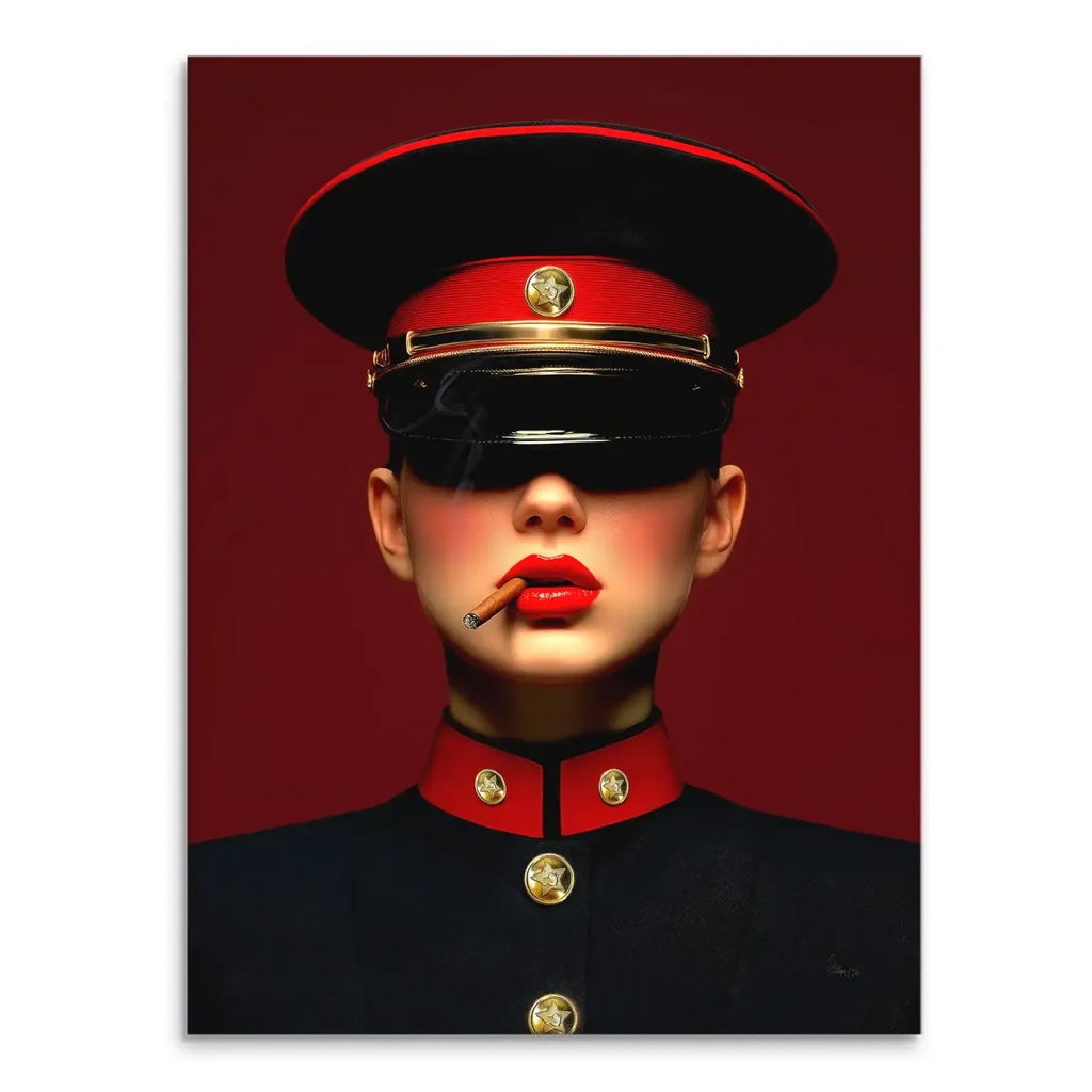 Close-up portrait of a woman in a stylized military uniform with red lipstick, dark visor, and a lit cigar in a high-contrast Pop Art style