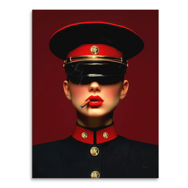 Close-up portrait of a woman in a stylized military uniform with red lipstick, dark visor, and a lit cigar in a high-contrast Pop Art style
