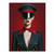 Portrait of a woman in a black officer's uniform with red accents, red lips, and a cigar on a deep red canvas background.