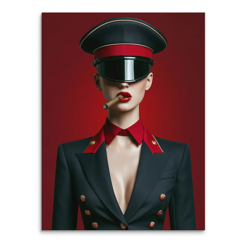 Portrait of a woman in a black officer's uniform with red accents, red lips, and a cigar on a deep red canvas background.