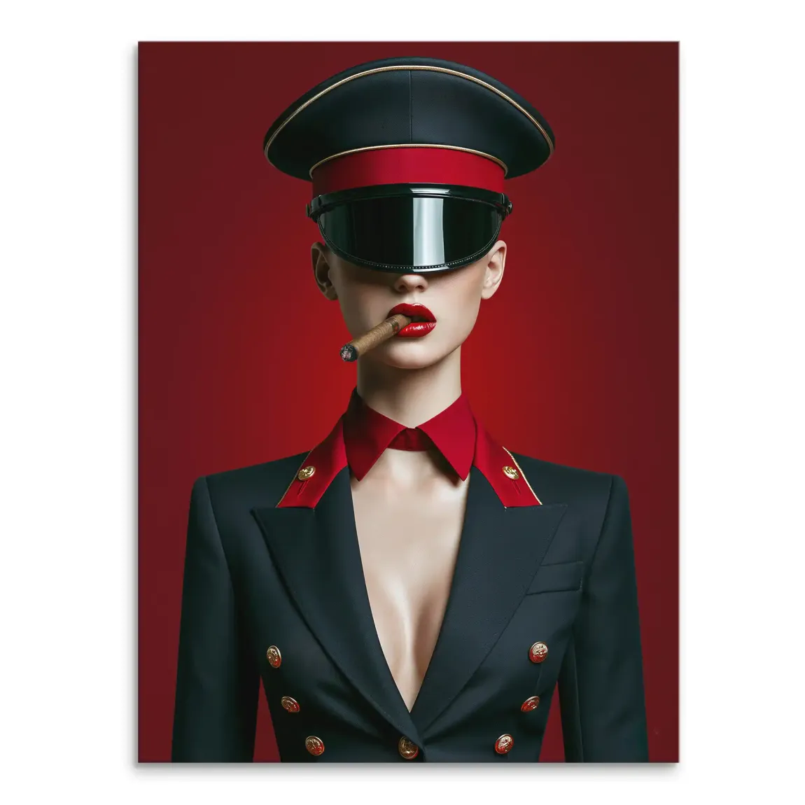 Portrait of a woman in a black officer's uniform with red accents, red lips, and a cigar on a deep red canvas background.