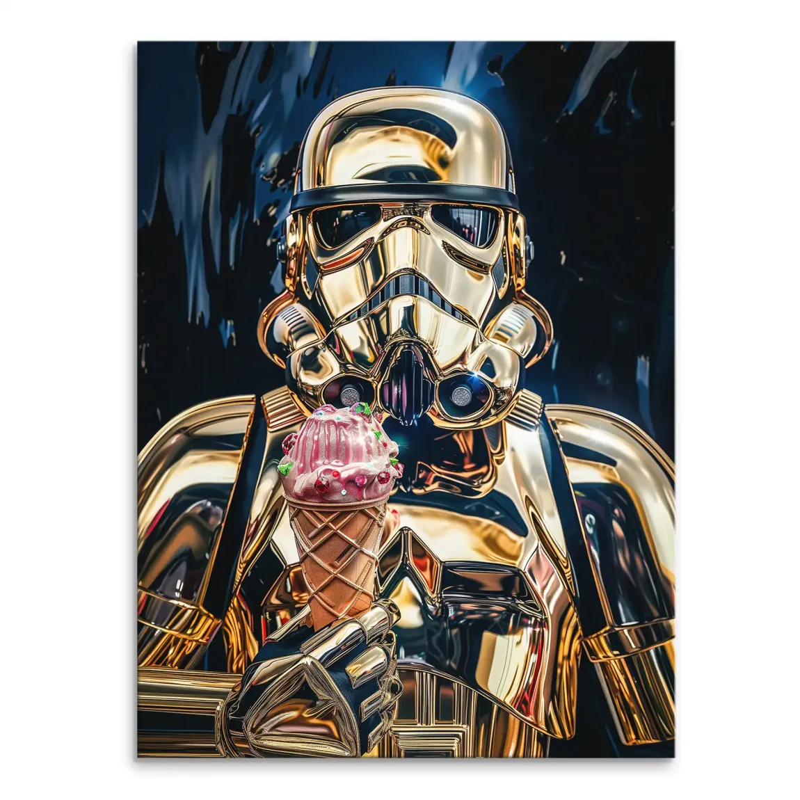 Gold Stormtrooper with pink sprinkles ice cream on a dark abstract background, Pop Art canvas.