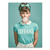 Portrait of a fashion-icon resembling Audrey Hepburn in Tiffany blue, blowing a pink bubblegum in a pop art style