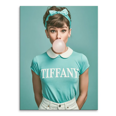 Portrait of a fashion-icon resembling Audrey Hepburn in Tiffany blue, blowing a pink bubblegum in a pop art style