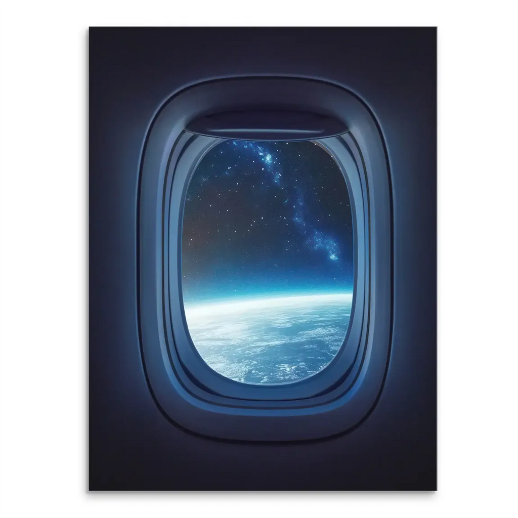 Airplane window view of Earth's curved horizon against a starry galaxy on canvas art