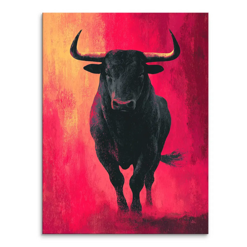 Bull in Red canvas wall art featuring a powerful black bull against a red and orange background with bold brushwork.