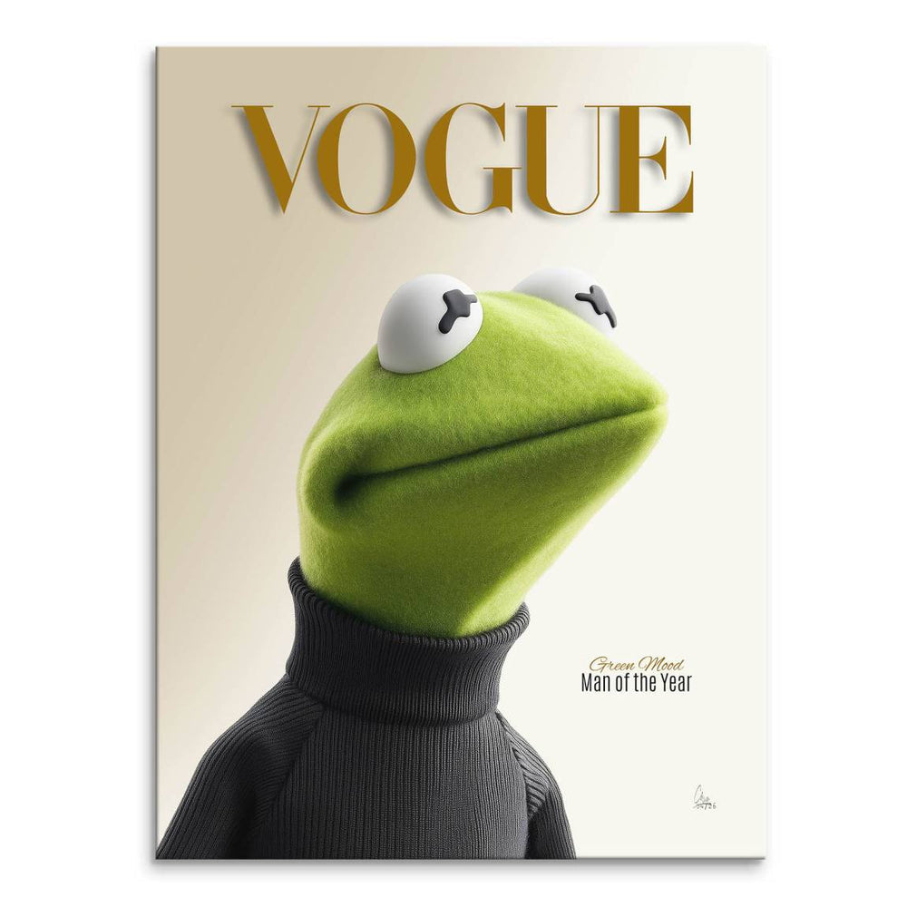 Portrait-style canvas wall art featuring Kermit the Frog wearing a black turtleneck in a bold pop art design
