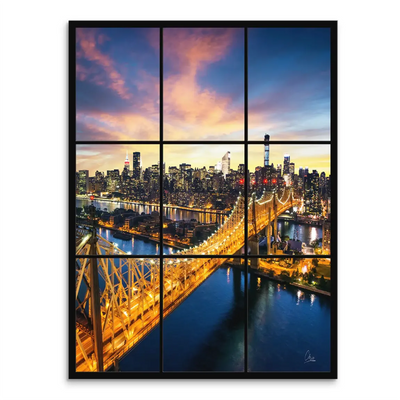 Dusk view of the Manhattan skyline with the Ed Koch Queensboro Bridge illuminated over the East River, seen through a nine-panel window effect.