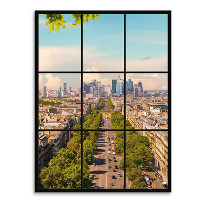 Aerial view of a tree-lined Paris avenue extending toward a modern skyline, viewed as if through a multi-pane window with green foliage at the top.