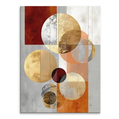 Golden Orbit canvas print featuring overlapping metallic circles in gold, silver, and bronze over a rust-toned background.