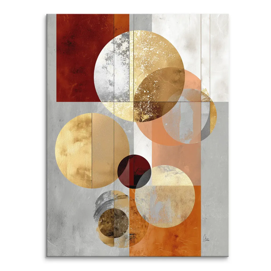 Golden Orbit canvas print featuring overlapping metallic circles in gold, silver, and bronze over a rust-toned background.