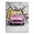 Pink vintage BMW bursting through a grey shattered wall with gold luxury brand logos