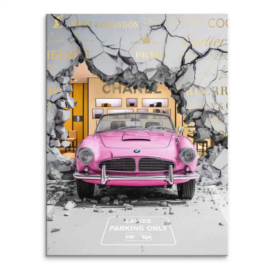 Pink vintage BMW bursting through a grey shattered wall with gold luxury brand logos