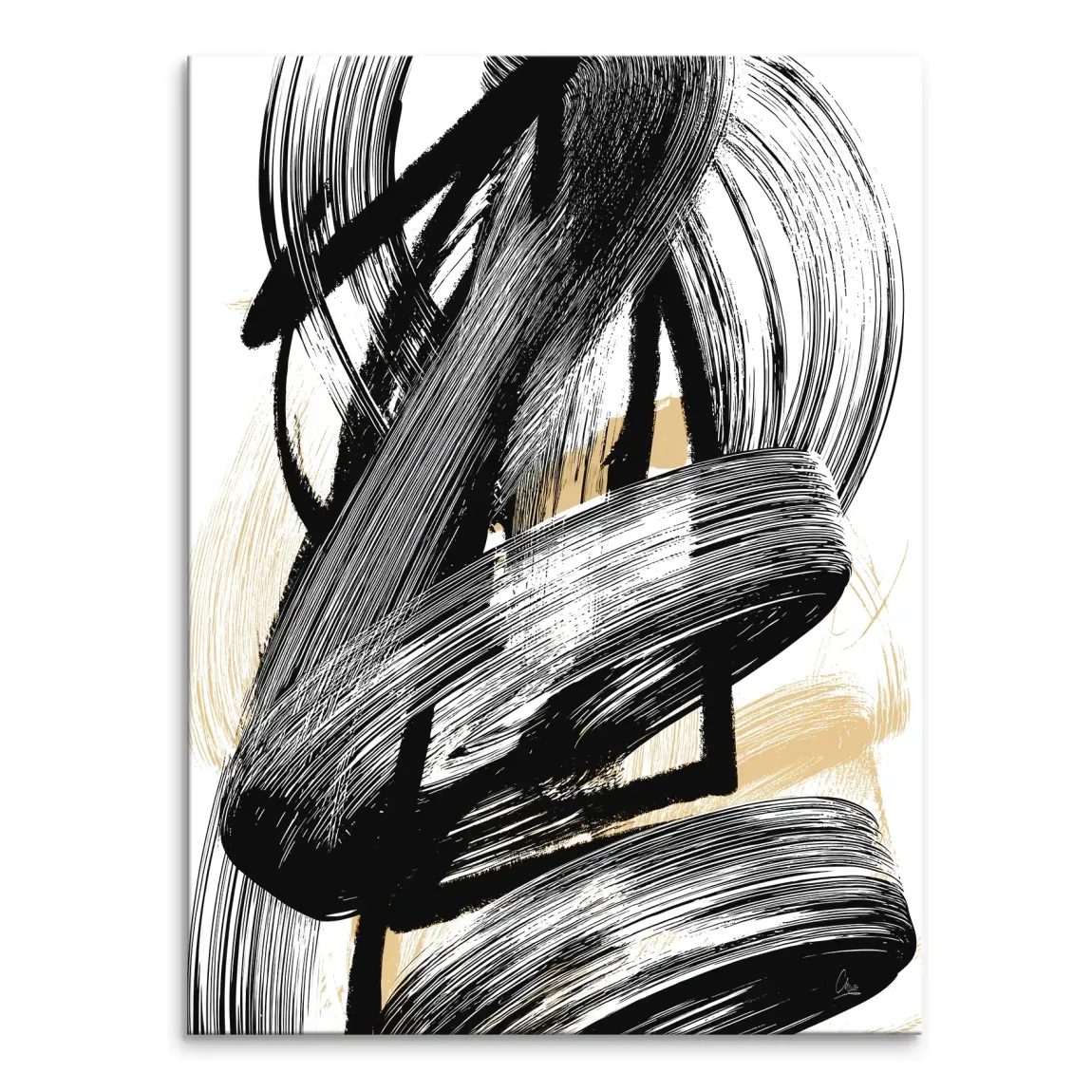 Black Motion: abstract canvas art with bold black brushstrokes and subtle beige accents on a vertical portrait canvas