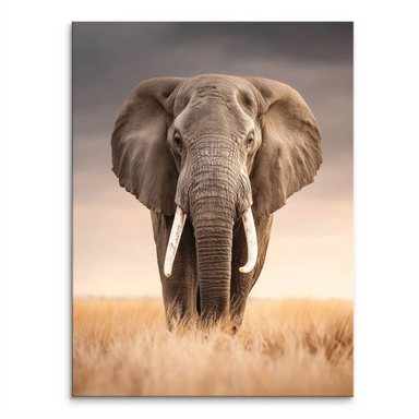Majestic African elephant walking toward the viewer in a realistic savannah scene with a dramatic stormy sky and golden grasses.