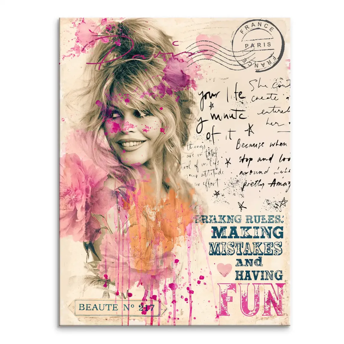 Brigitte Bardot portrait on a vibrant pop art canvas with a sepia background and pink floral accents