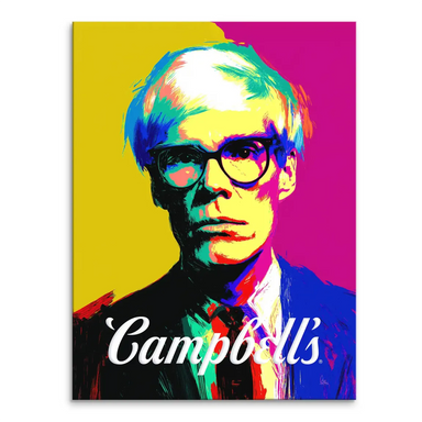Andy Warhol-inspired Campbell's Pop Art portrait canvas with bold outlines and a multicolor palette.