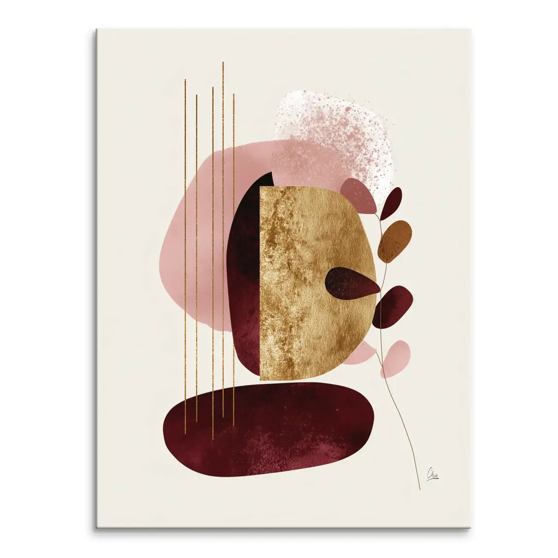 Velvet Shape abstract canvas wall art featuring burgundy and blush pink tones with gold accents on an off-white backdrop