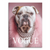Portrait of a bulldog wearing a pink faux-fur coat with a sparkling diamond necklace and Vogue text on a canvas