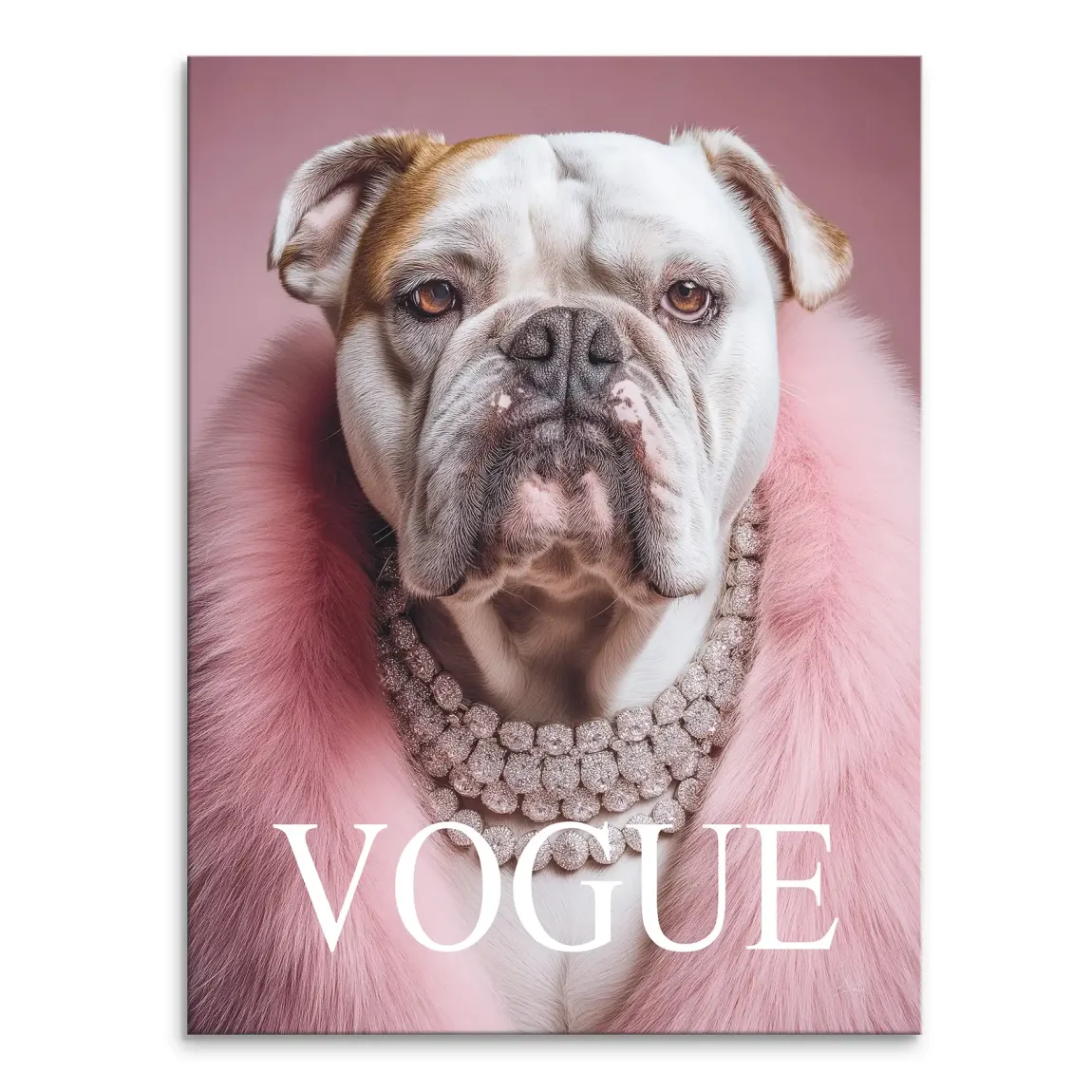 Portrait of a bulldog wearing a pink faux-fur coat with a sparkling diamond necklace and Vogue text on a canvas